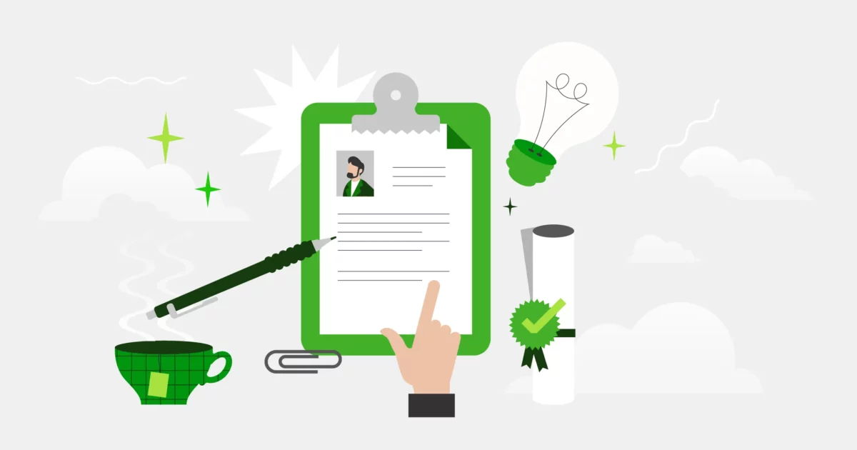 A green resume among other scattered objects, which represents what someone needs to apply at ICCU.