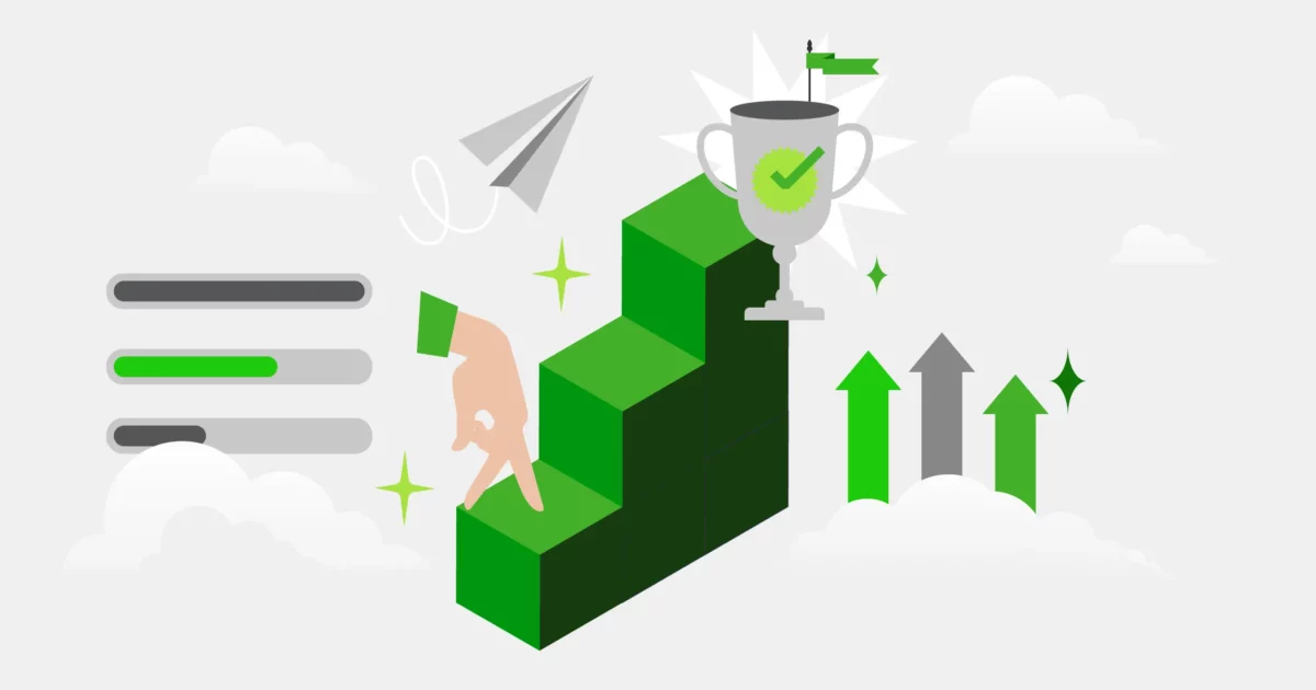 Green stairs, progress bars, and an achievement medal that shows success.