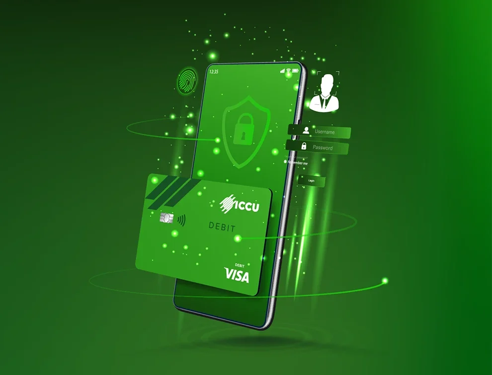 A graphic of a smart phone with an ICCU card in front of it.
