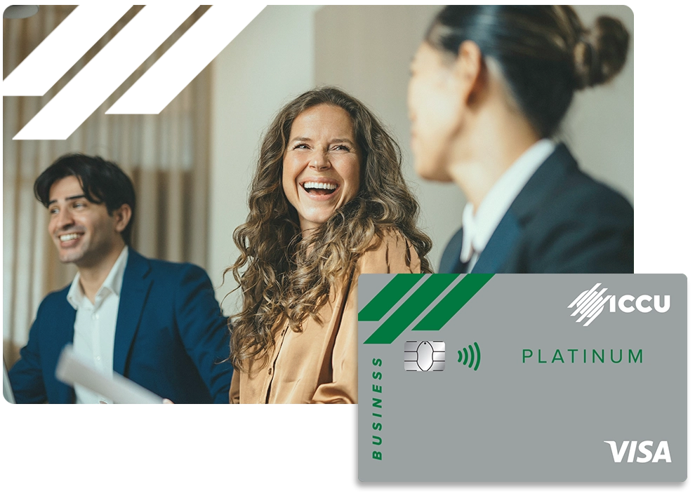 A lady smiling at her coworker and a graphic of the ICCU Business Platinum Credit Card